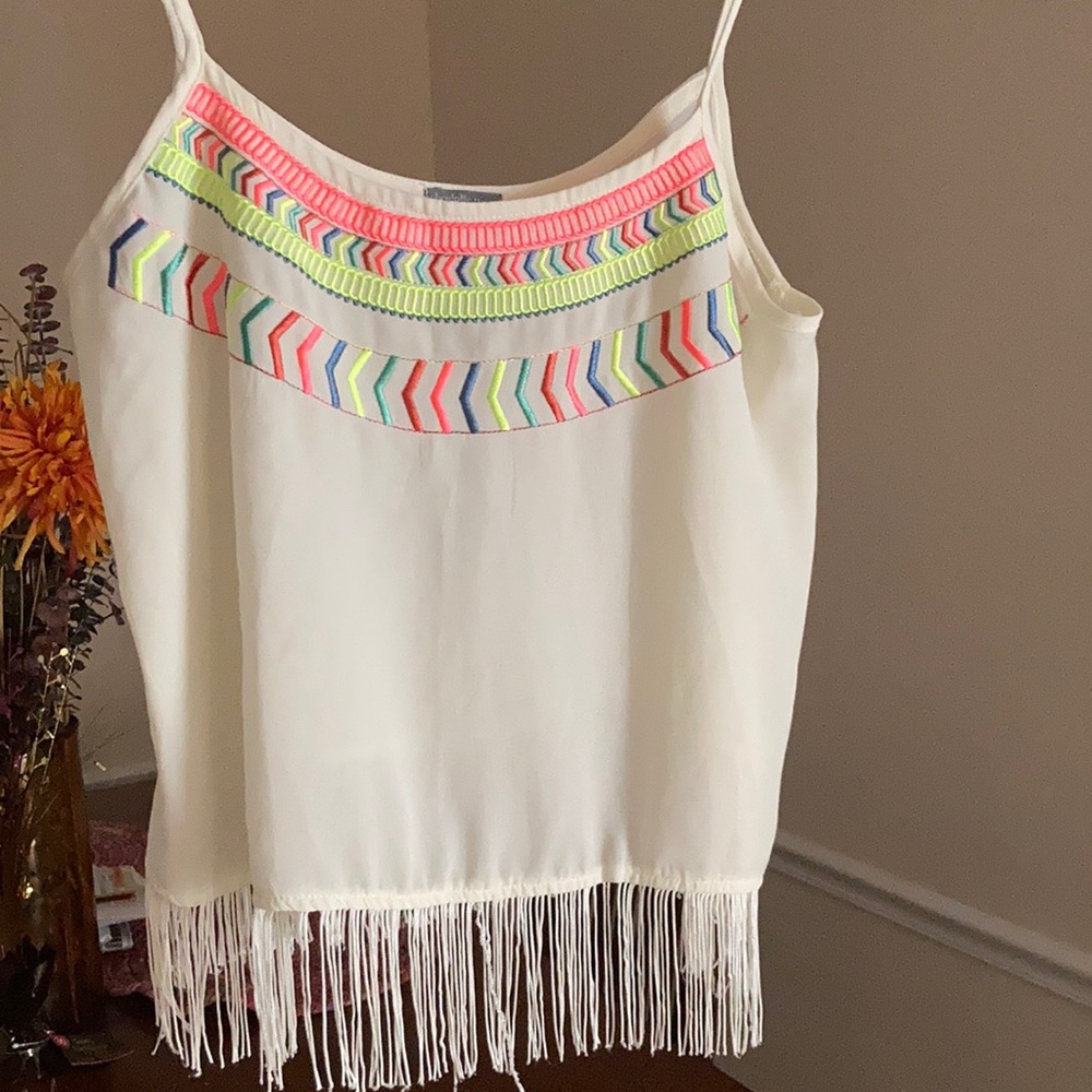 White tank top fringe with multicolored design
